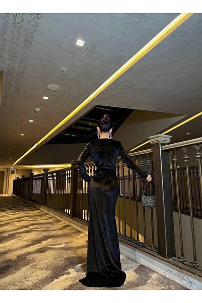 Modafeminen Ελαστικό βελούδινο ύφασμα διπλό πέτο με λαιμόκοψη με πέτρα στον ώμο Λεπτομερές βραδινό φόρεμα 583094 ΜΑΥΡΟ