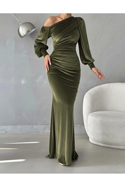 Modafeminen Slit Off-The-Shoulder Maxi Length Velvet Fabric Evening Dress Khaki 582600