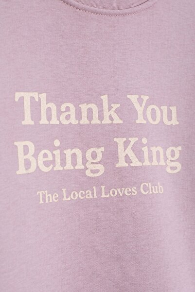 Cansın Mini Dusty Rose Letter Printed Crew Neck Girls' Raised Sweatshirt 23259