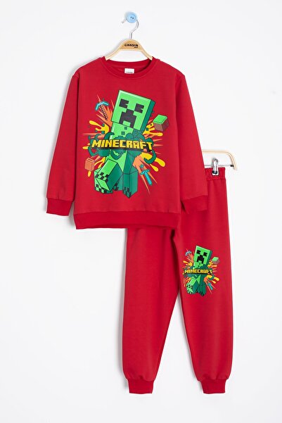 Cansın Mini Червен комплект спортен екип с принт за момчета 23268