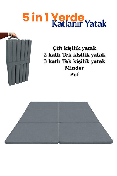 zishtekstil Multipurpose 5 in 1 Gri Çift Kişilik Katlanır Süngerli Misafir Yer Yatağı ve Balkon Minderi 7cm