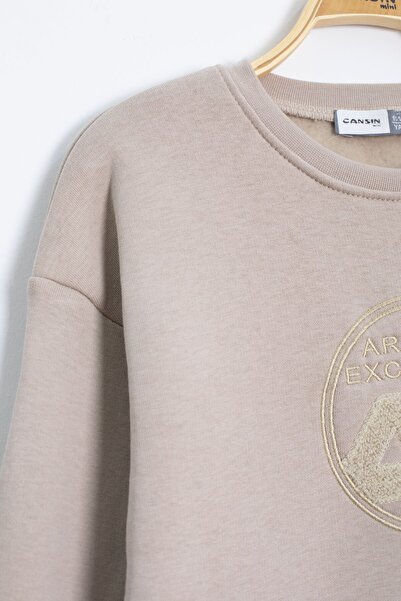 Cansın Mini Φούτερ για αγόρια επένδυση fleece με κεντημένο κείμενο σε κρεμ χρώμα 23247