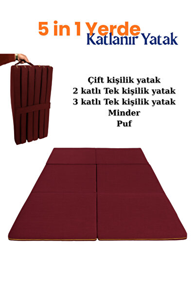 zishtekstil Multipurpose 5 in 1 Bordo Çift Kişilik Katlanır Süngerli Misafir Yer Yatağı ve Minder 7cm