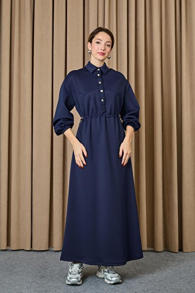 Puane Women's Dress with Tunnel Waist and Snap Detail - 12655Elb - Navy Blue