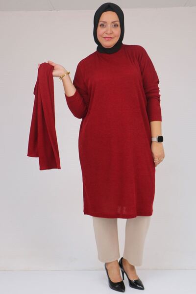 Eslina 58158 Plus Size Mir Tunic with Scarf Model - Burgundy