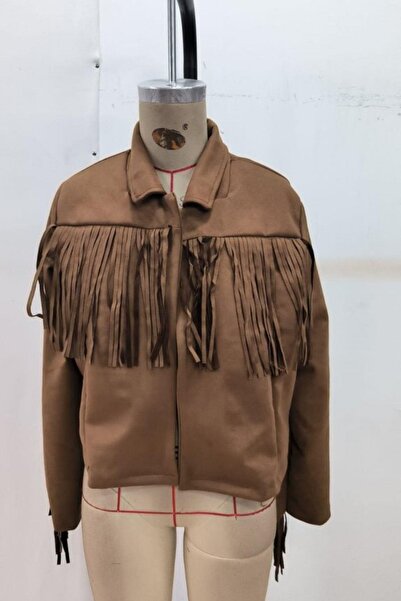 Mossta Jachetă crop din piele intoarsa cu detaliu cu ciucuri - maro