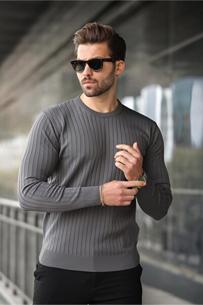 Madmext Antrasit Bisiklet Yaka Çizgili Uzun Kollu Kazak E7273