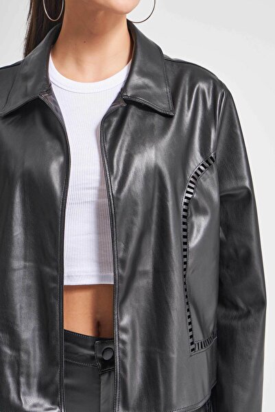 its basic Jachetă din material din piele cu design largi, culoare neagră, w5-1
