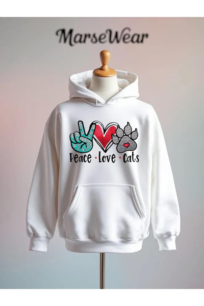 Vordevia Hanorac supradimensionat din bumbac cu imprimeu Peace Love Cats, cu ...