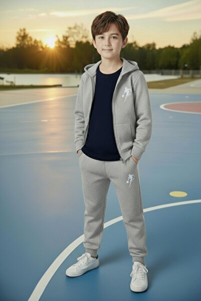 han elegant 2-Piece Zippered Basketball Printed Boys' Bottom and Top Tracksuit Set