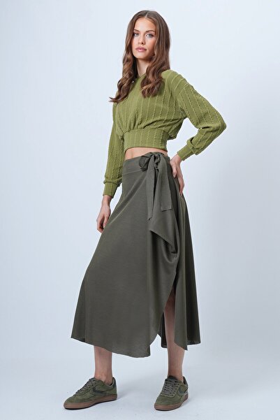 VAGGON Women's Khaki Asymmetrical Cut Self-Textured Tie Skirt Vs01385