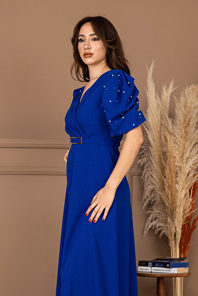 BEYBOS İthal Krep Kumaş Balon Kol İnci Detaylı Maxi Elbise - SAKS MAVİ