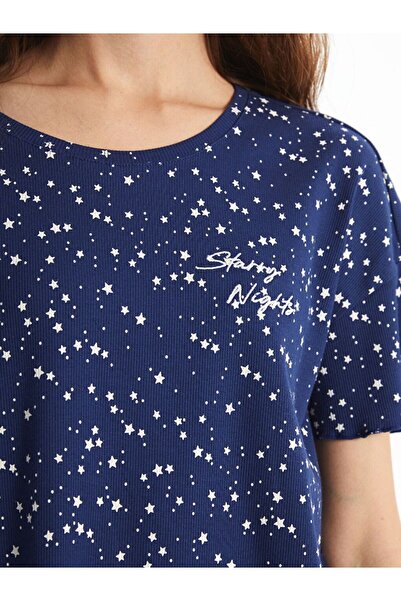 LC Waikiki LCW DREAM Bisiklet Yaka Kısa Kollu Desenli Kadın Kaprili Pijama Takımı