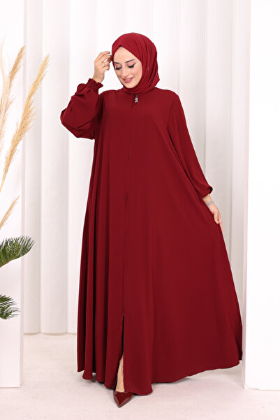 Bym Fashion Zippered Sleeve Cuffs Gathered Mevlana Ferace 6007 Burgundy