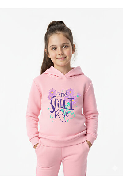 Let's Wear Stil Rise Printed Premium Kids Hooded Premium Compact Sweatshirt Tracksuit with Pockets and Drawstrings