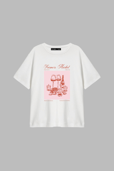 Bak Moda Tricou alb pentru femei, cu imprimeu Farmers Market, cu potrivire re...