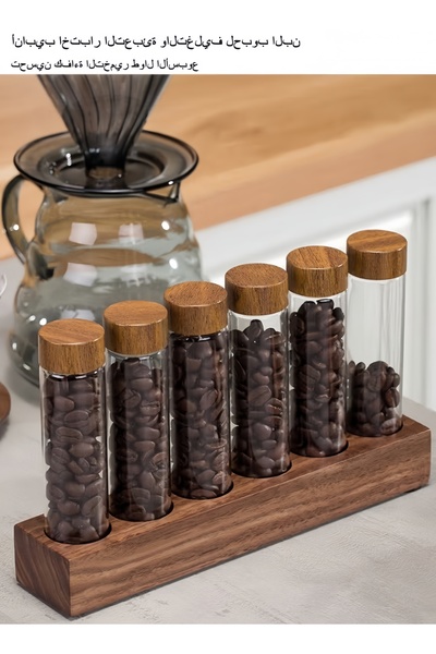 XIUWOO 6 Bottles of High Borosilicate Glass Coffee Beans,with Walnut Display Rack, Silicone Funnel