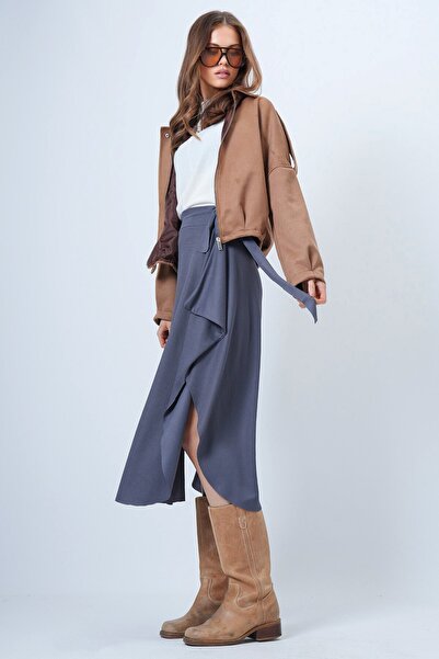 VAGGON Women's Anthracite Asymmetrical Cut Self-Textured Tie-Up Skirt Vs01385