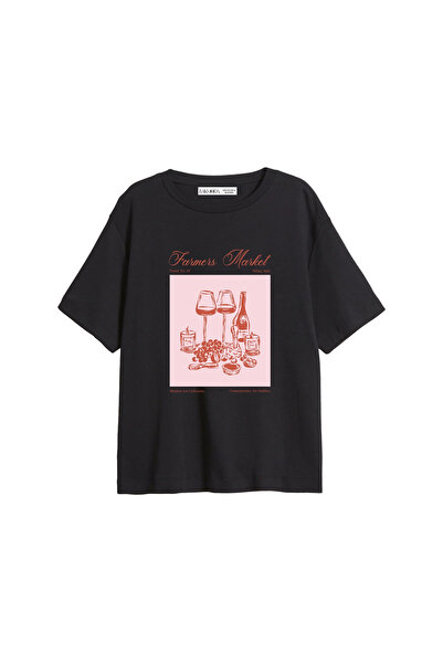 Bak Moda Tricou negru pentru femei, cu imprimeu Farmers Market, cu potrivire ...