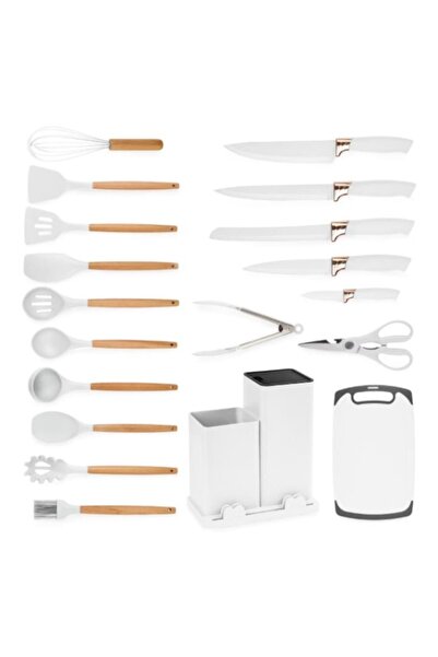 BLA BLA FOAM Set de ustensile de bucătărie profesionale, 19 piese, silicon alb mat cu mânere din lemn