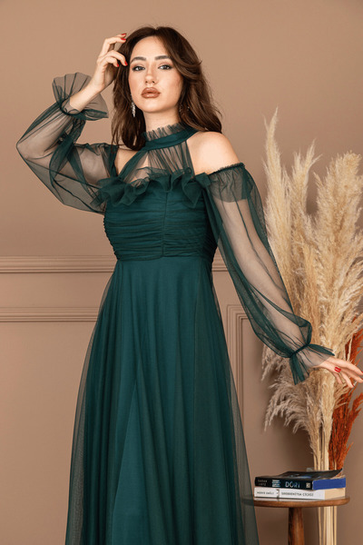 BEYBOS Tül Kumaş Volan Detaylı Tasarım Elbise - ZÜMRÜT YEŞİL