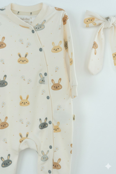 Oppland Baby Girl Romper 100% Cotton Fabric Long Sleeve Printed Booties Snap Fastener Bandana Newborn