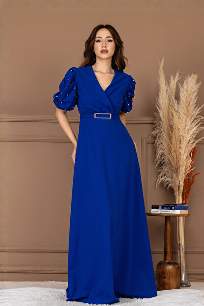 BEYBOS İthal Krep Kumaş Balon Kol İnci Detaylı Maxi Elbise - SAKS MAVİ
