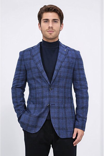 Velvarde Slim Fit Mono Collar Navy Blue Checkered Unlined Single Jacket
