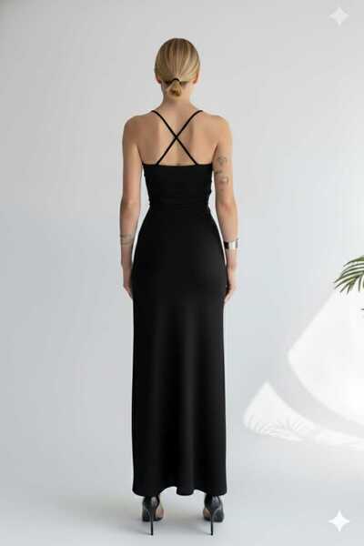 Lores Giyim Siyah Çiçek Detaylı Yazlık Uzun Elbise