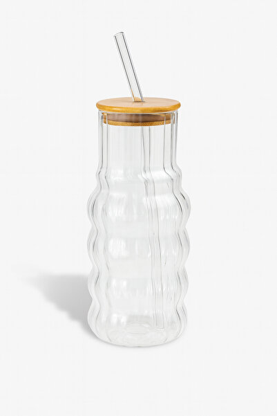 PERLAEVKAHVE Bambu Kapaklı Cam Dalgalı Şişe 1.2 L – Pipetli Detoks ve Soğuk İçecek Şişesi