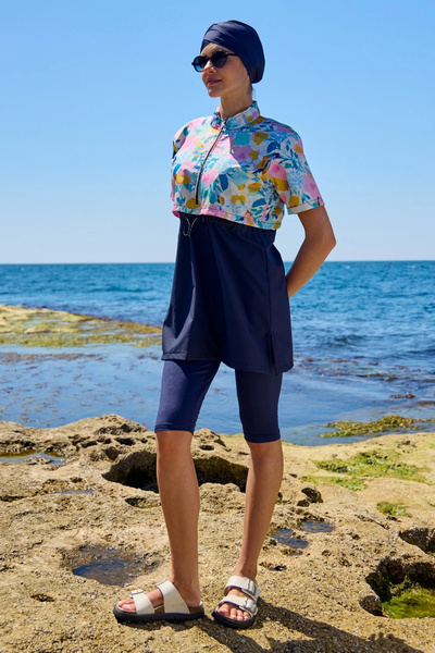 Starinci Mayo Hijab Swimsuit Semi-Closed Covered Soft Pattern Dark Blue