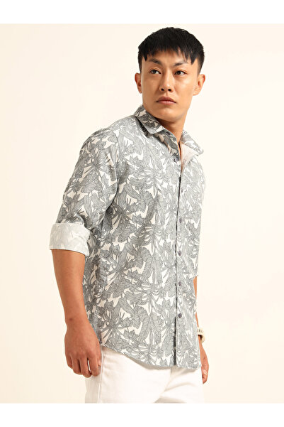 Bushirt By Styli Men Grey All Over Print Spread Collar Shirt