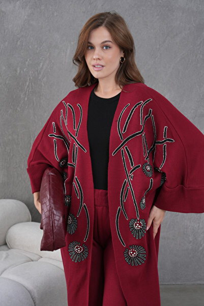 Miss Allos Women's Front Beaded Wide-Fit Knitwear Cardigan and Pants Bottom-Top Set