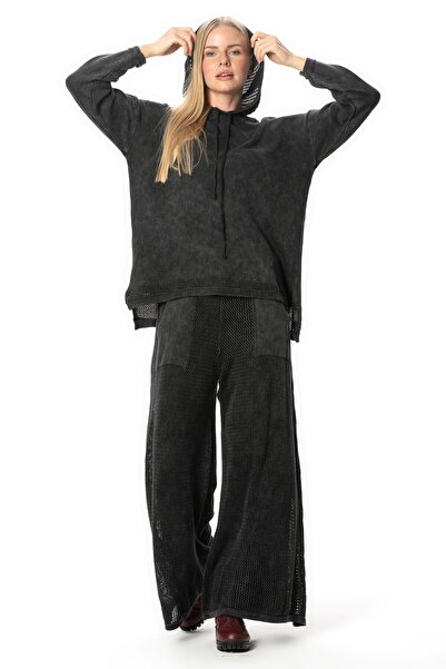 Eliş Şile Bezi Uzun Kol Kapüşonlu Fileli Sonbahar ve Kışlık Triko Bluz Füme Fm