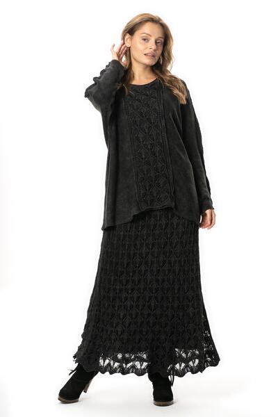 Eliş Şile Bezi Elastic Waist Elvan Autumn and Winter Long Knitted Sweater Skirt Smoked Fm