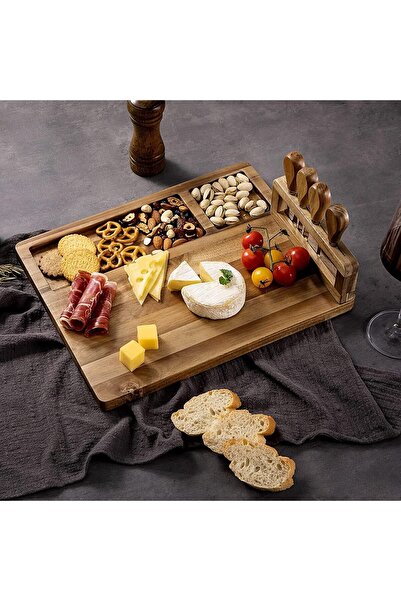 AB Luxury Concept Appetizer and cheese serving set, 5 pieces, stainless steel knives, bamboo, 35.8x28x1.5cm