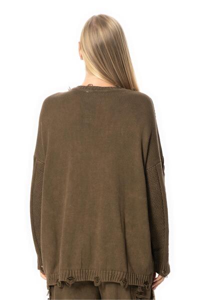 Eliş Şile Bezi Long Sleeve Aylin Knit Detailed Crew Neck Autumn and Winter Knitwear Blouse Coffee Khv