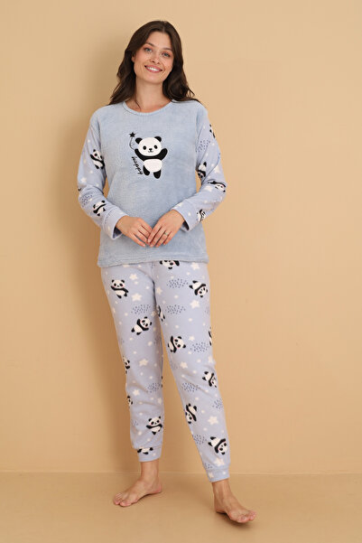 Wordex Fawn 1204 Peluş Welsoft Polar Kışlık Yumoş Panda Kadın Pijama Takımı