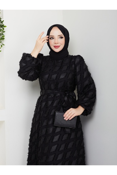 She Olive Elegant Textured Glitter Detailed Belted Stylish Design Hijab Dress