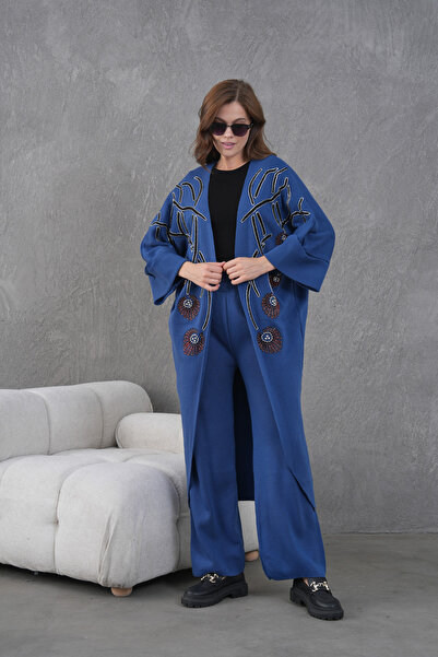 Miss Allos Women's Front Beaded Wide-Fit Knitwear Cardigan and Pants Bottom-Top Set