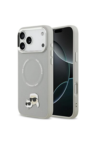 Karl Lagerfeld Leather K&C Pins MagSafe iPhone 17 Pro Case, gray
