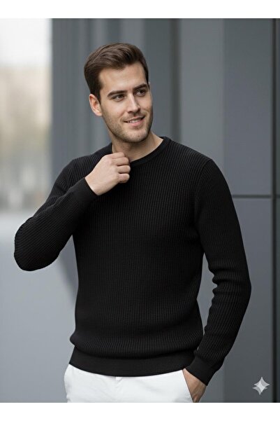 Miron Pulover negru pentru bărbați cu gât crew - 2537