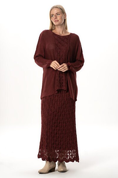 Eliş Şile Bezi Elastic Waist Elvan Autumn and Winter Long Knitted Sweater Skirt Burgundy Brd