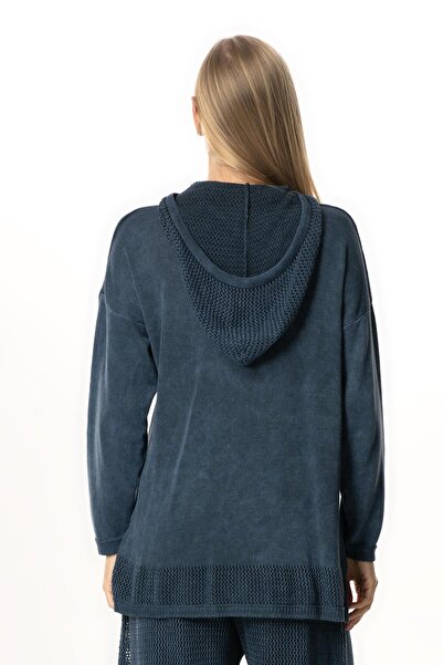 Eliş Şile Bezi Long Sleeve Hooded Mesh Autumn and Winter Knitwear Blouse Indigo Indg