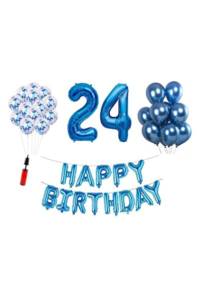 OEM Set of 36 balloons, Happy Birthday 24th anniversary, foil numbers 100 cm, blue