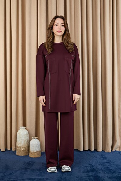 Puane Women's Stone Detailed Trouser Suit - 14379Tks - Burgundy