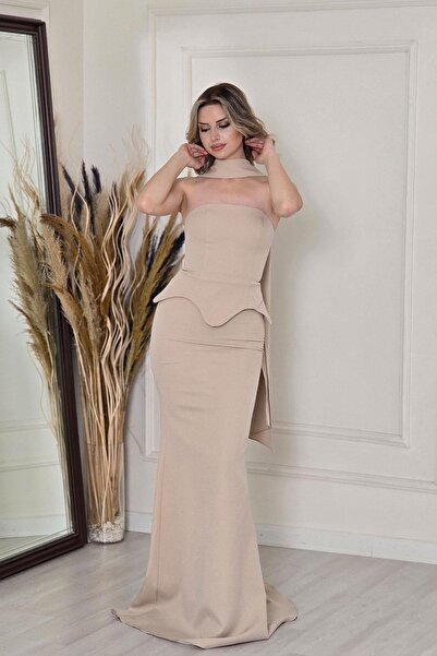 Yonca Moda Evi Bej Boyundan Bağcıklı Korseli Abiye 9822