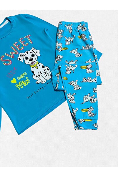 elmas kids Erkek Çocuk %100 Pamuklu Penye Kumaş Mavi Dalmaçyalı Köpek Desen Uzun Kollu Mevsimlik Pijama Takımı