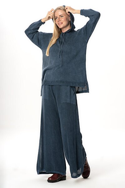 Eliş Şile Bezi Long Sleeve Hooded Mesh Autumn and Winter Knitwear Blouse Indigo Indg