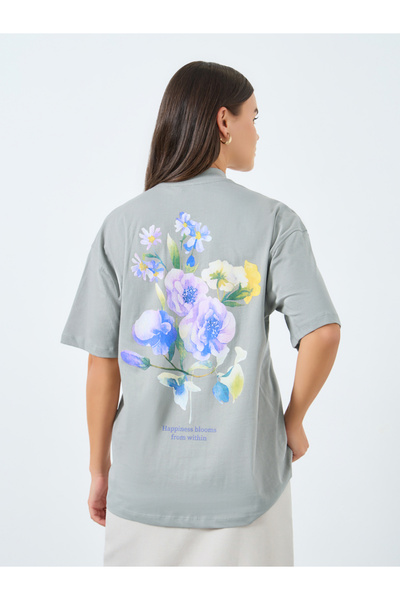 Styli Grey Floral Print Oversized T-Shirt